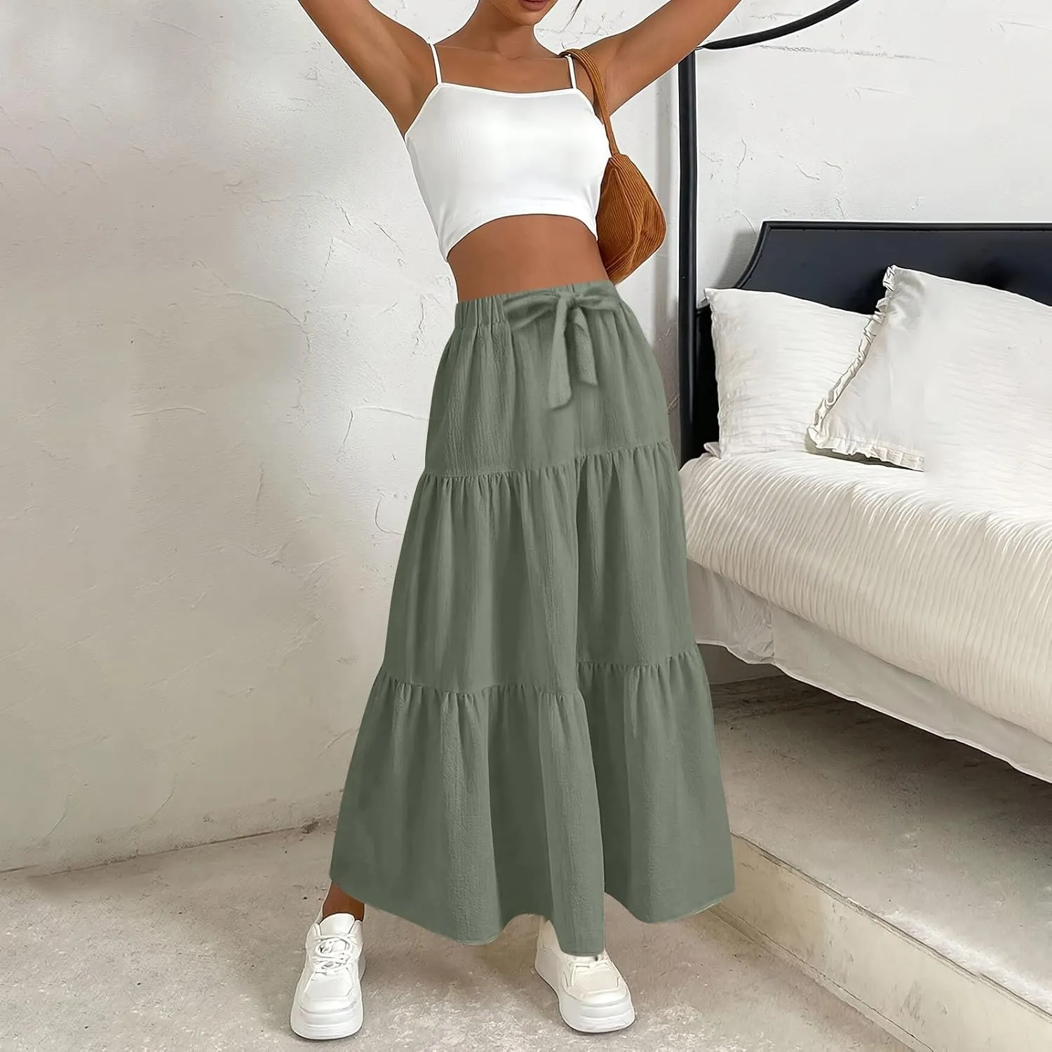 Maxi Skirts for Women Summer Drawstring Elastic High Waisted Ruffle Layered Tiered A Line Skirts Work Long Skirt