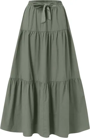 Maxi Skirts for Women Summer Drawstring Elastic High Waisted Ruffle Layered Tiered A Line Skirts Work Long Skirt