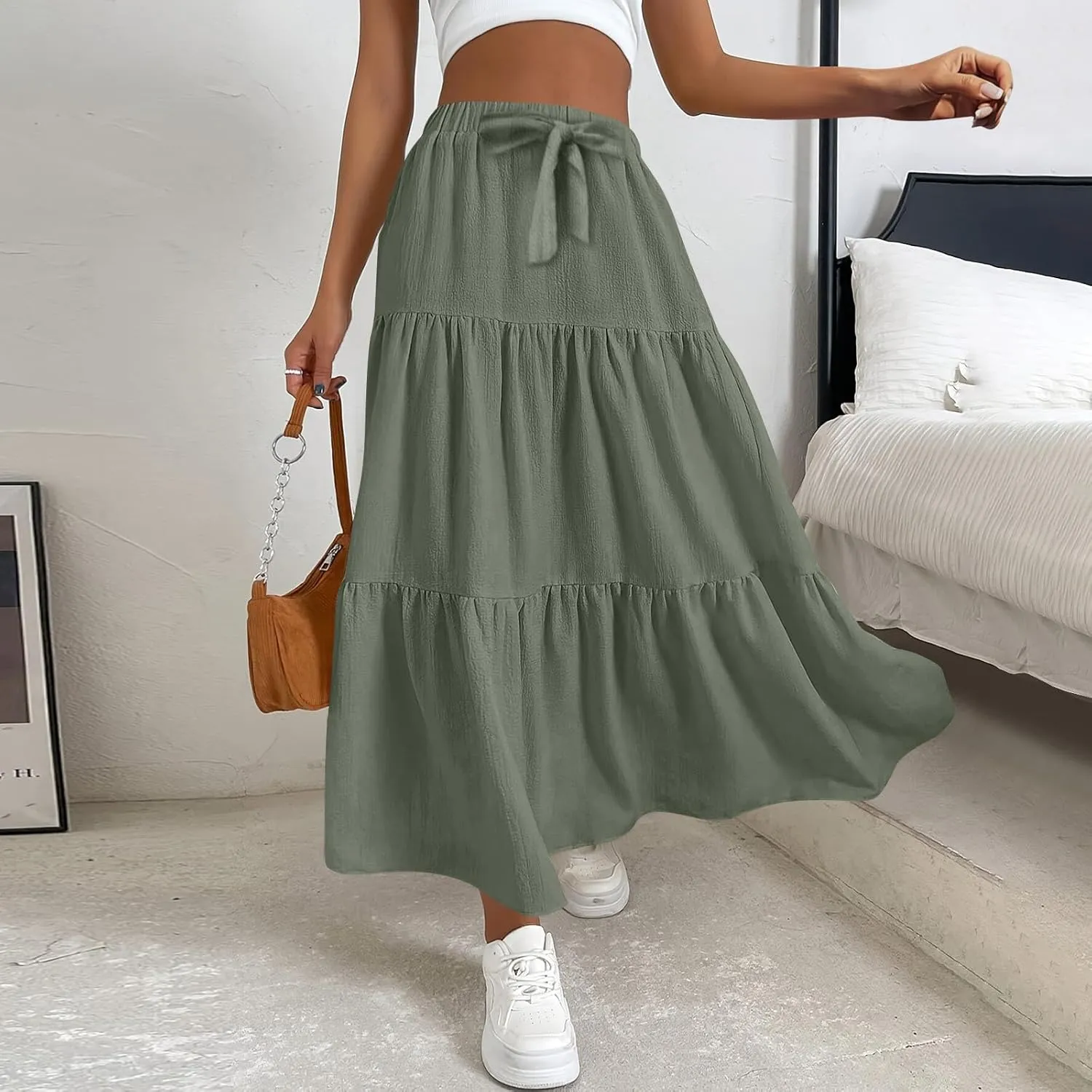 Maxi Skirts for Women Summer Drawstring Elastic High Waisted Ruffle Layered Tiered A Line Skirts Work Long Skirt