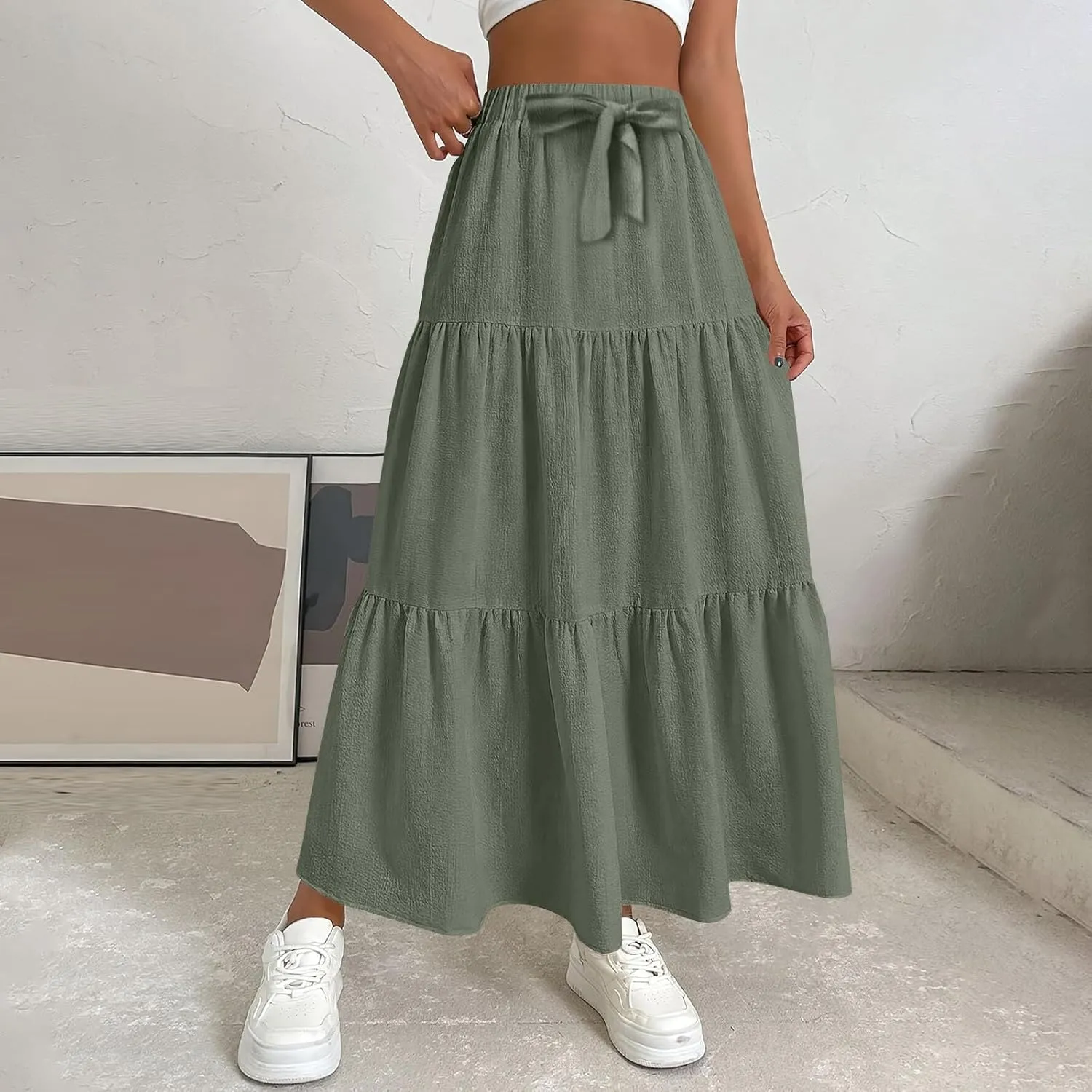 Maxi Skirts for Women Summer Drawstring Elastic High Waisted Ruffle Layered Tiered A Line Skirts Work Long Skirt
