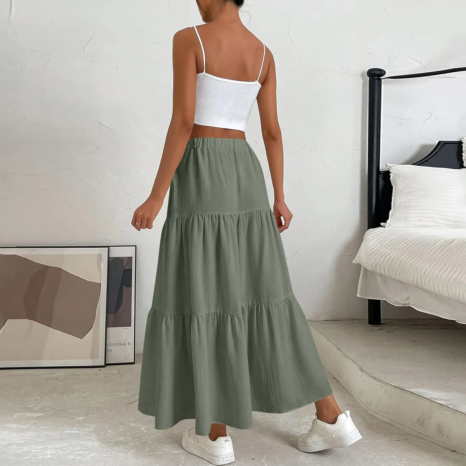 Maxi Skirts for Women Summer Drawstring Elastic High Waisted Ruffle Layered Tiered A Line Skirts Work Long Skirt