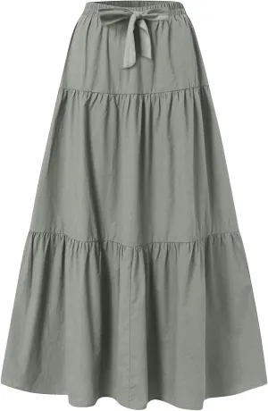 Maxi Skirts for Women Trendy Summer Drawstring Elastic High Waisted A Line Skirt Boho Tiered Smocked Long Flowy Skirt