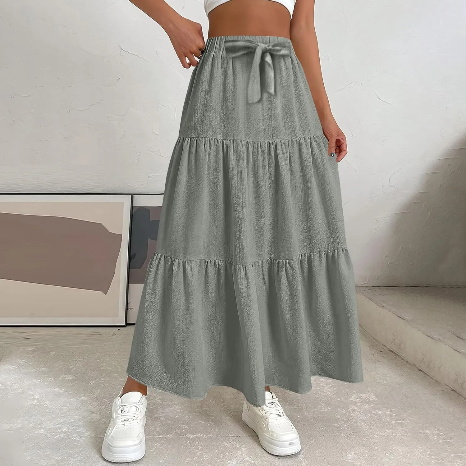 Maxi Skirts for Women Trendy Summer Drawstring Elastic High Waisted A Line Skirt Boho Tiered Smocked Long Flowy Skirt