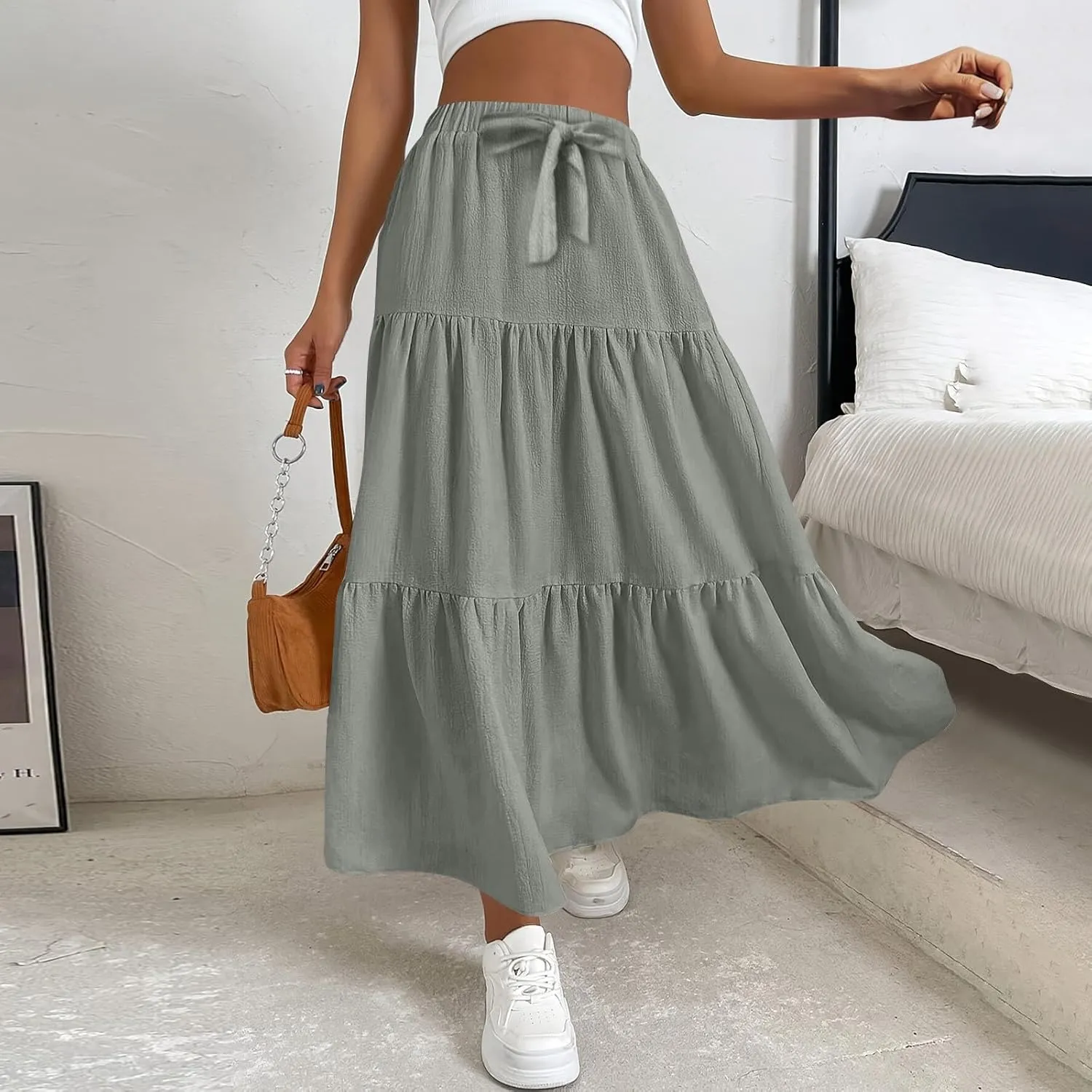 Maxi Skirts for Women Trendy Summer Drawstring Elastic High Waisted A Line Skirt Boho Tiered Smocked Long Flowy Skirt