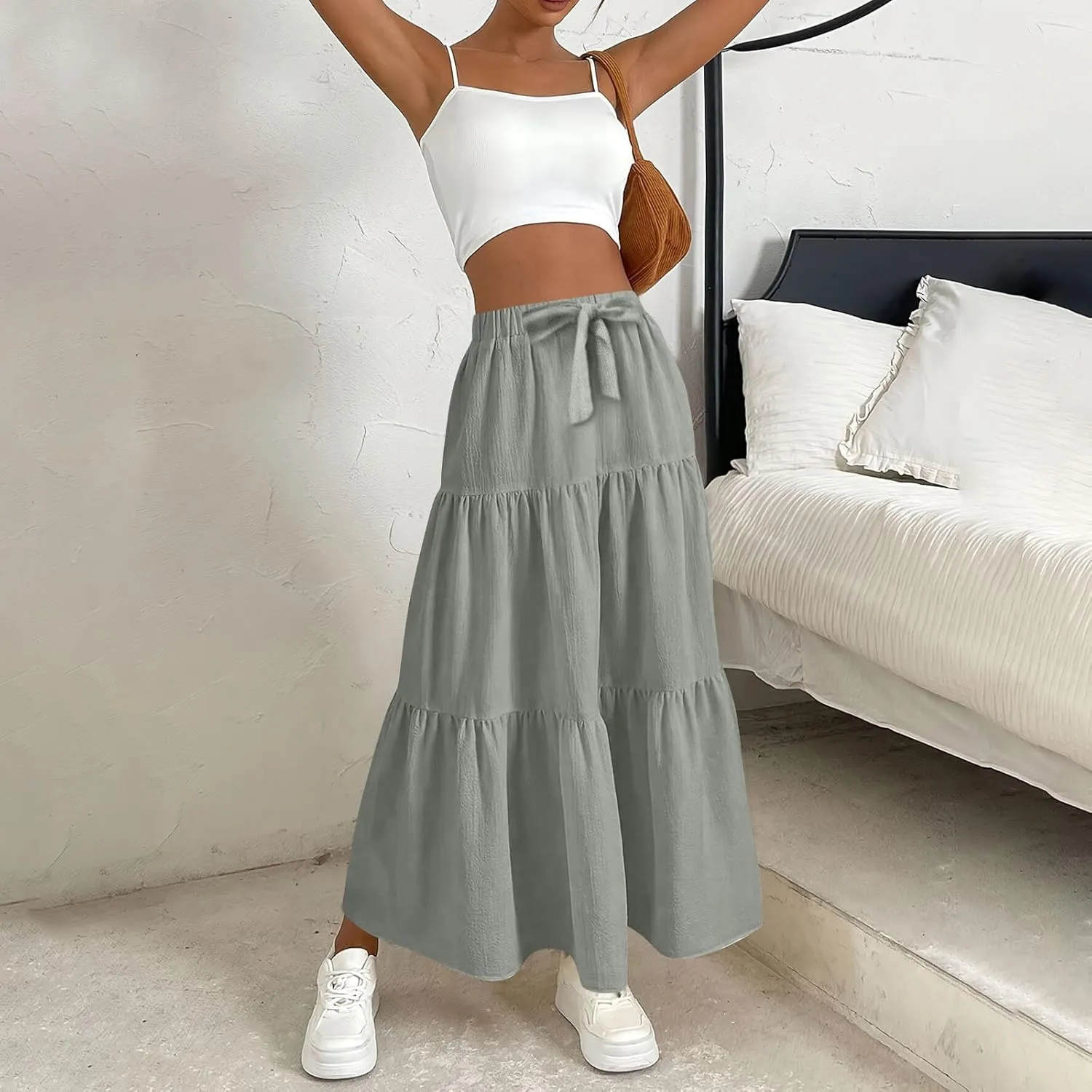 Maxi Skirts for Women Trendy Summer Drawstring Elastic High Waisted A Line Skirt Boho Tiered Smocked Long Flowy Skirt