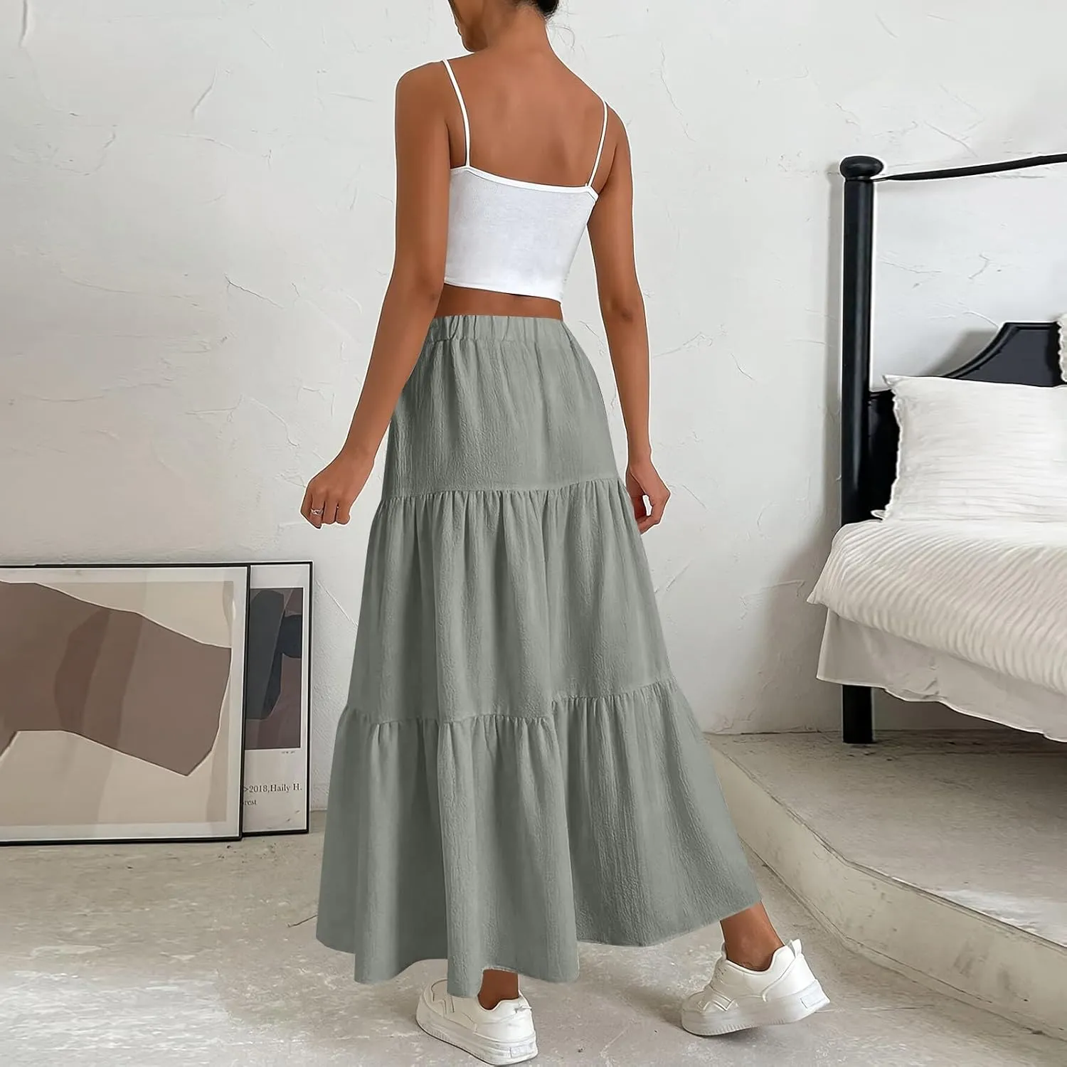 Maxi Skirts for Women Trendy Summer Drawstring Elastic High Waisted A Line Skirt Boho Tiered Smocked Long Flowy Skirt