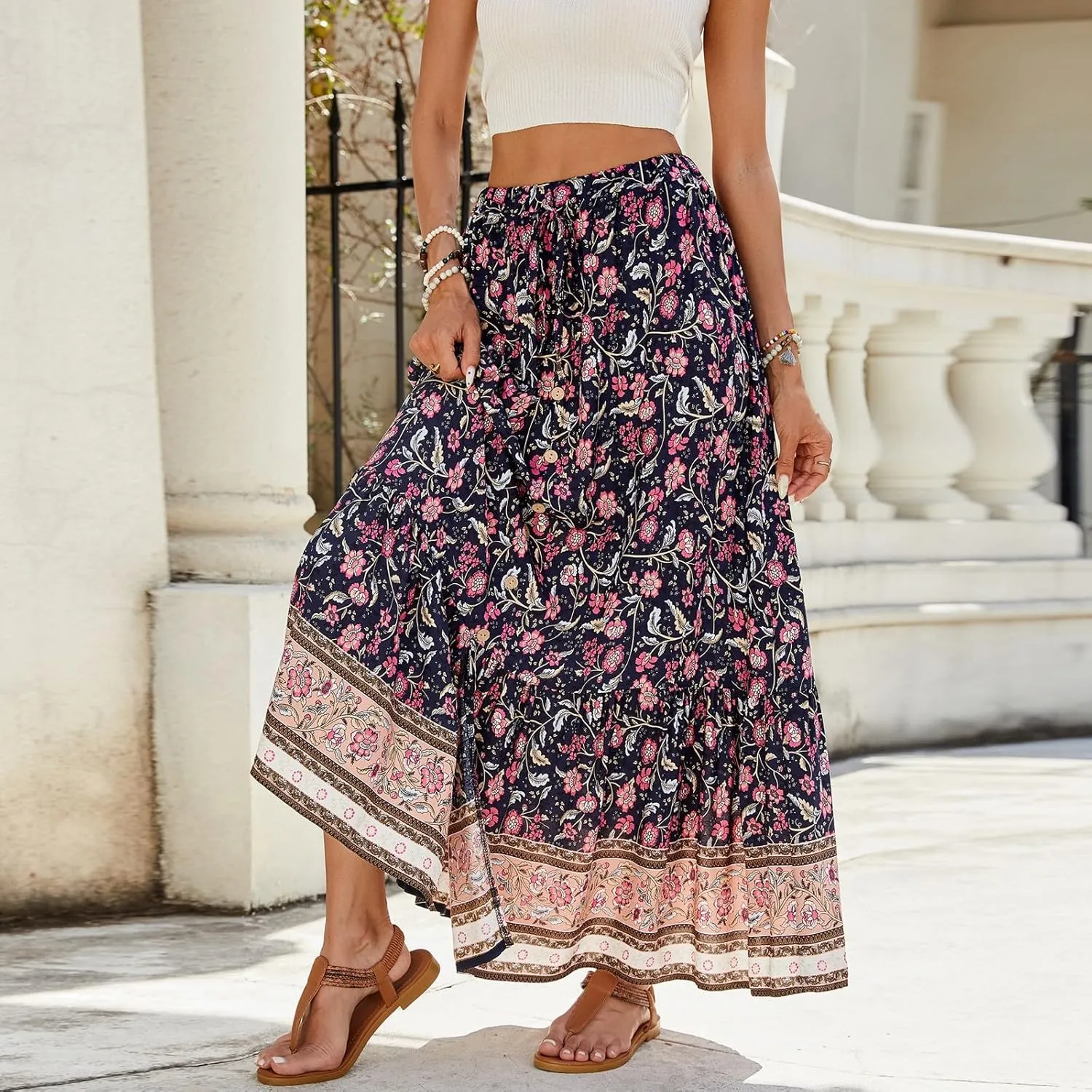 Maxi Skirts for Women,Beach Vacation Hawaiian Long Boho Skirt Spring Summer Elastic Waist Flowy Skirts 2025 Trendy