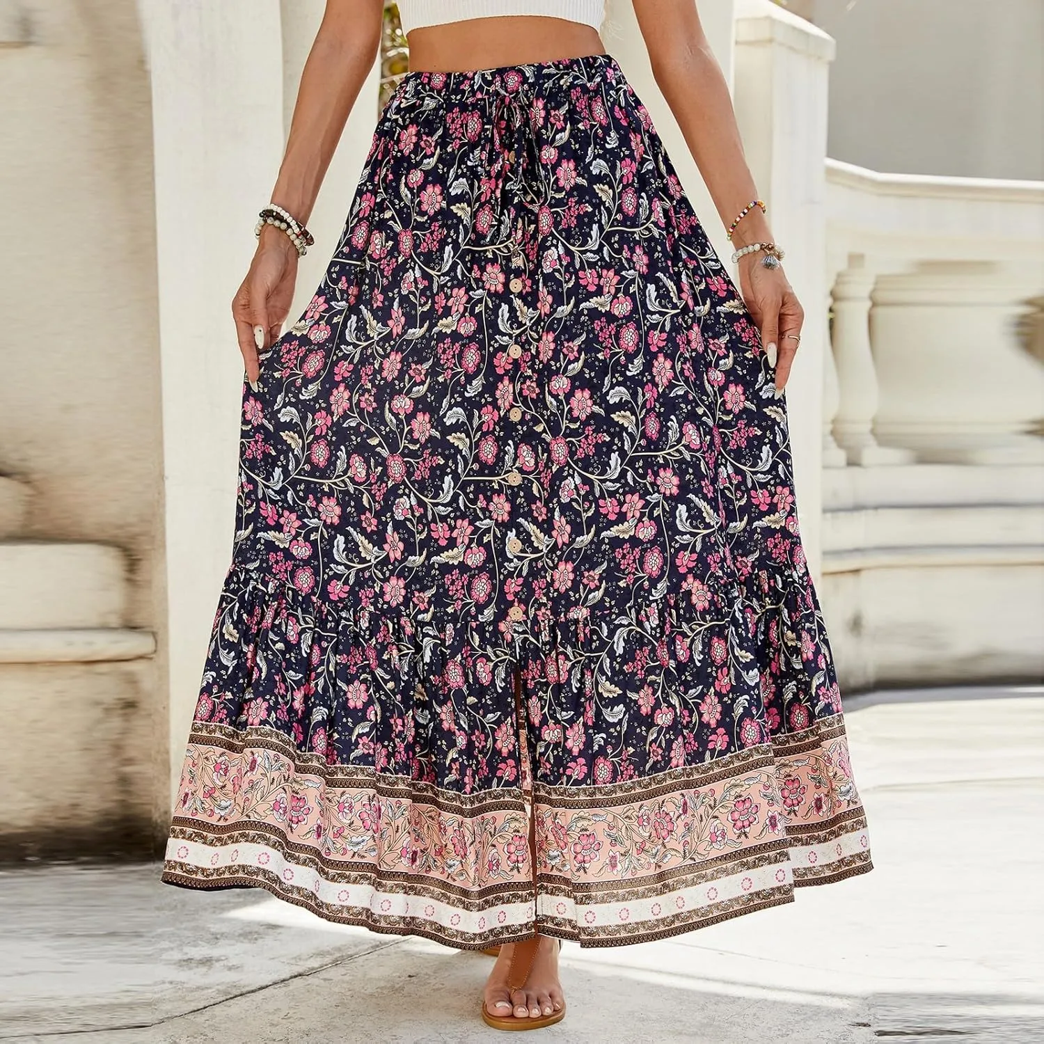 Maxi Skirts for Women,Beach Vacation Hawaiian Long Boho Skirt Spring Summer Elastic Waist Flowy Skirts 2025 Trendy