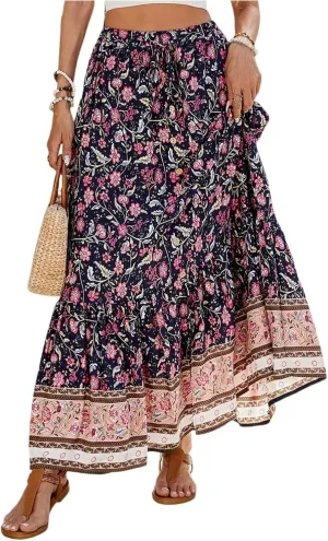 Maxi Skirts for Women,Beach Vacation Hawaiian Long Boho Skirt Spring Summer Elastic Waist Flowy Skirts 2025 Trendy