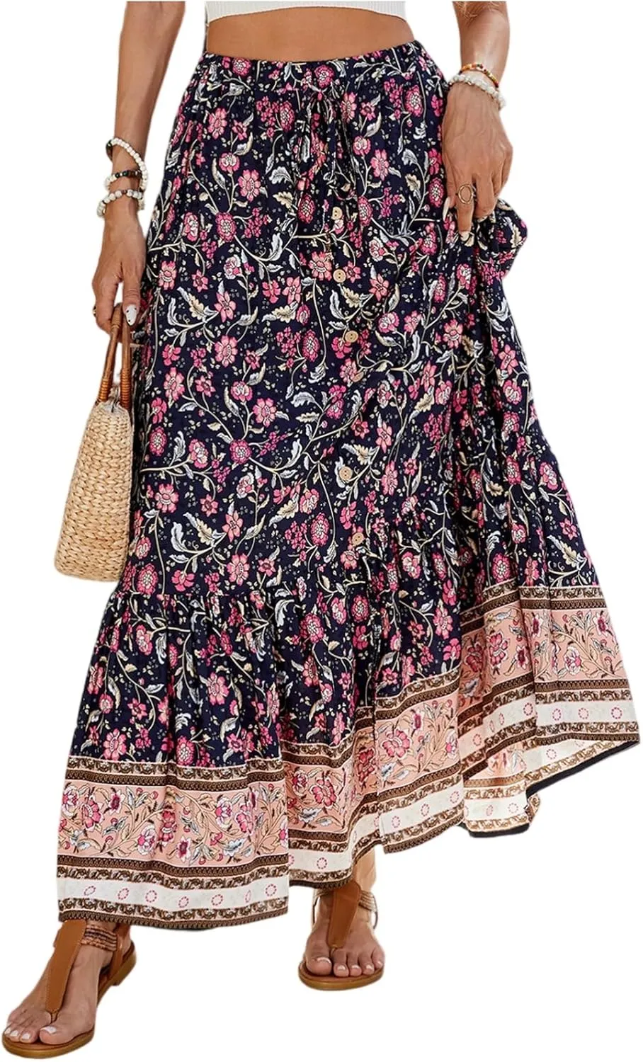 Maxi Skirts for Women,Beach Vacation Hawaiian Long Boho Skirt Spring Summer Elastic Waist Flowy Skirts 2025 Trendy