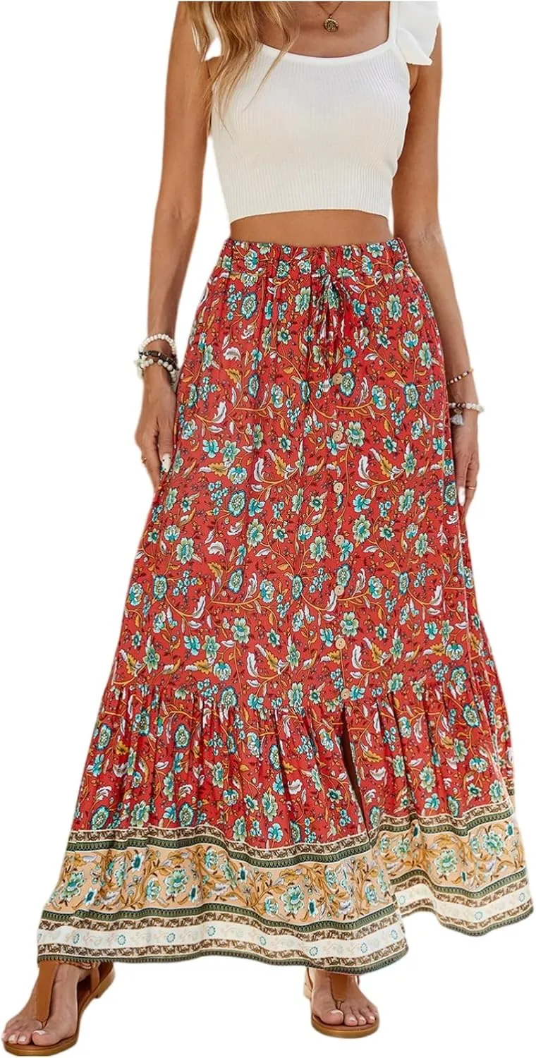Maxi Skirts for Women,Beach Vacation Hawaiian Long Boho Skirt Spring Summer Elastic Waist Flowy Skirts 2025 Trendy