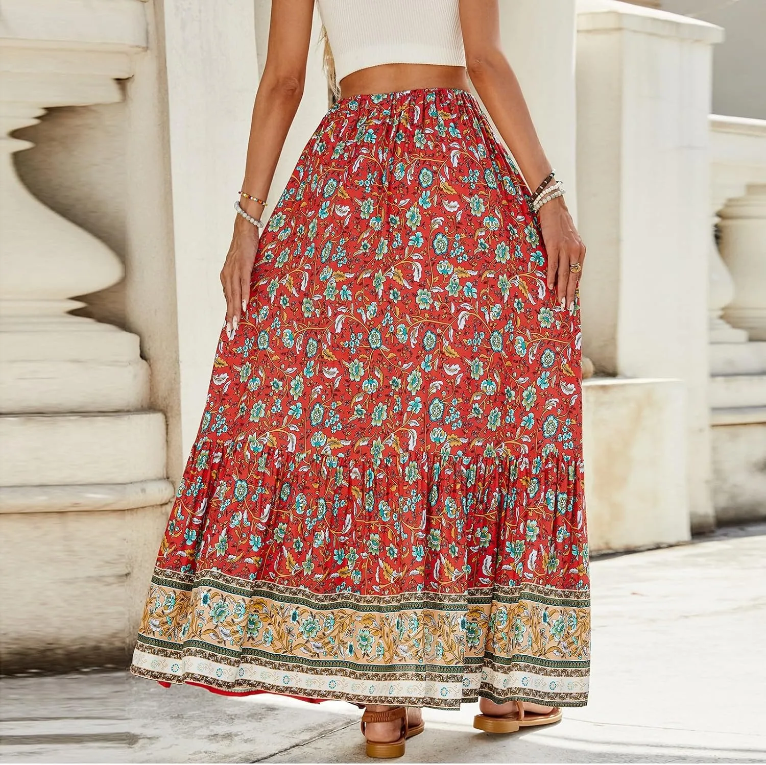 Maxi Skirts for Women,Beach Vacation Hawaiian Long Boho Skirt Spring Summer Elastic Waist Flowy Skirts 2025 Trendy