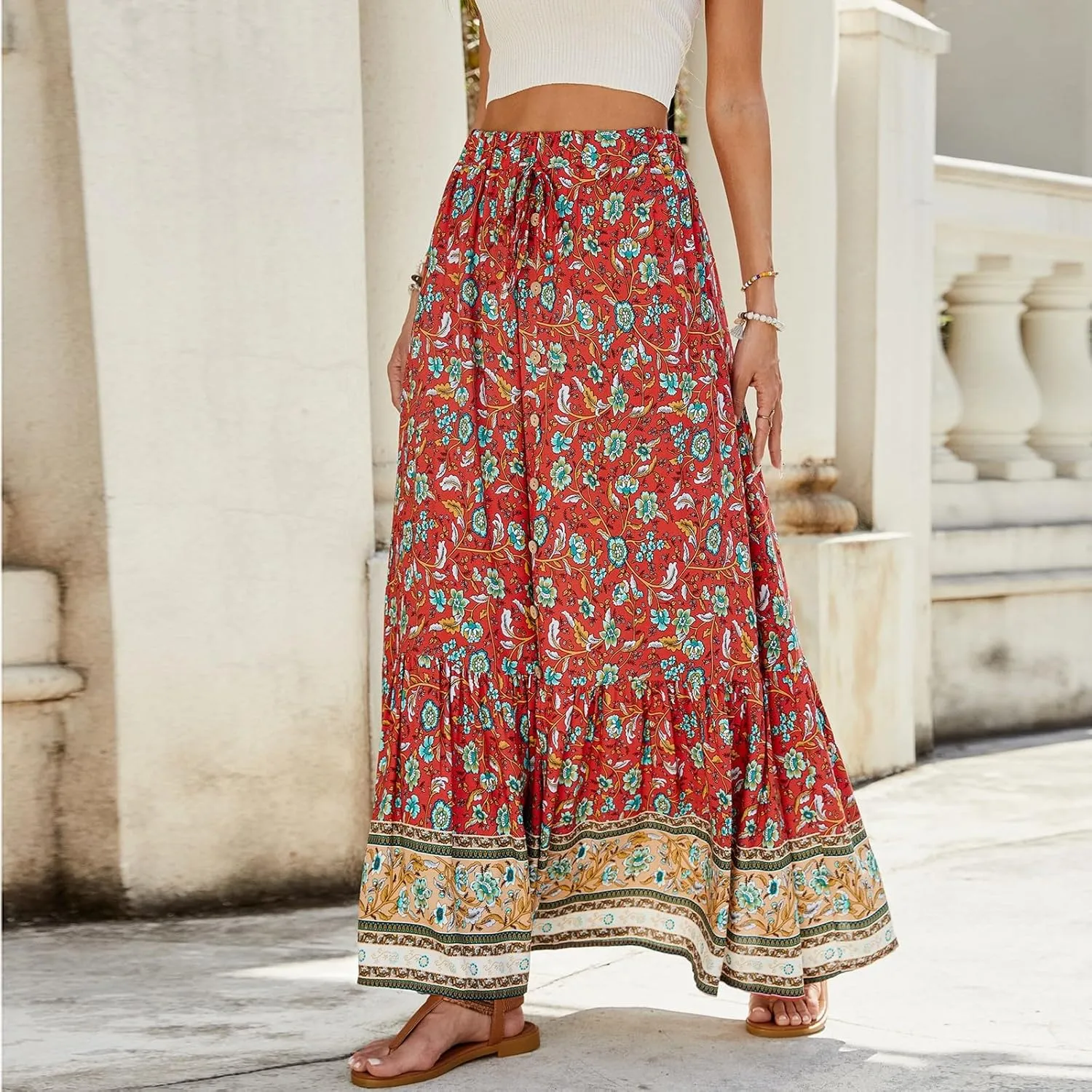 Maxi Skirts for Women,Beach Vacation Hawaiian Long Boho Skirt Spring Summer Elastic Waist Flowy Skirts 2025 Trendy