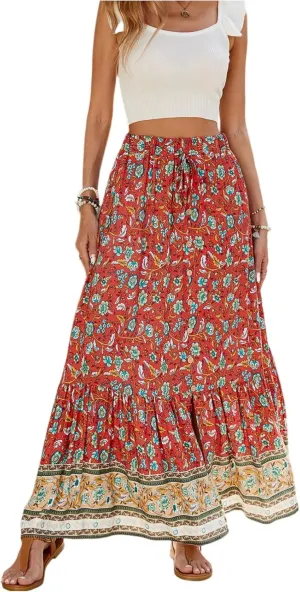 Maxi Skirts for Women,Beach Vacation Hawaiian Long Boho Skirt Spring Summer Elastic Waist Flowy Skirts 2025 Trendy