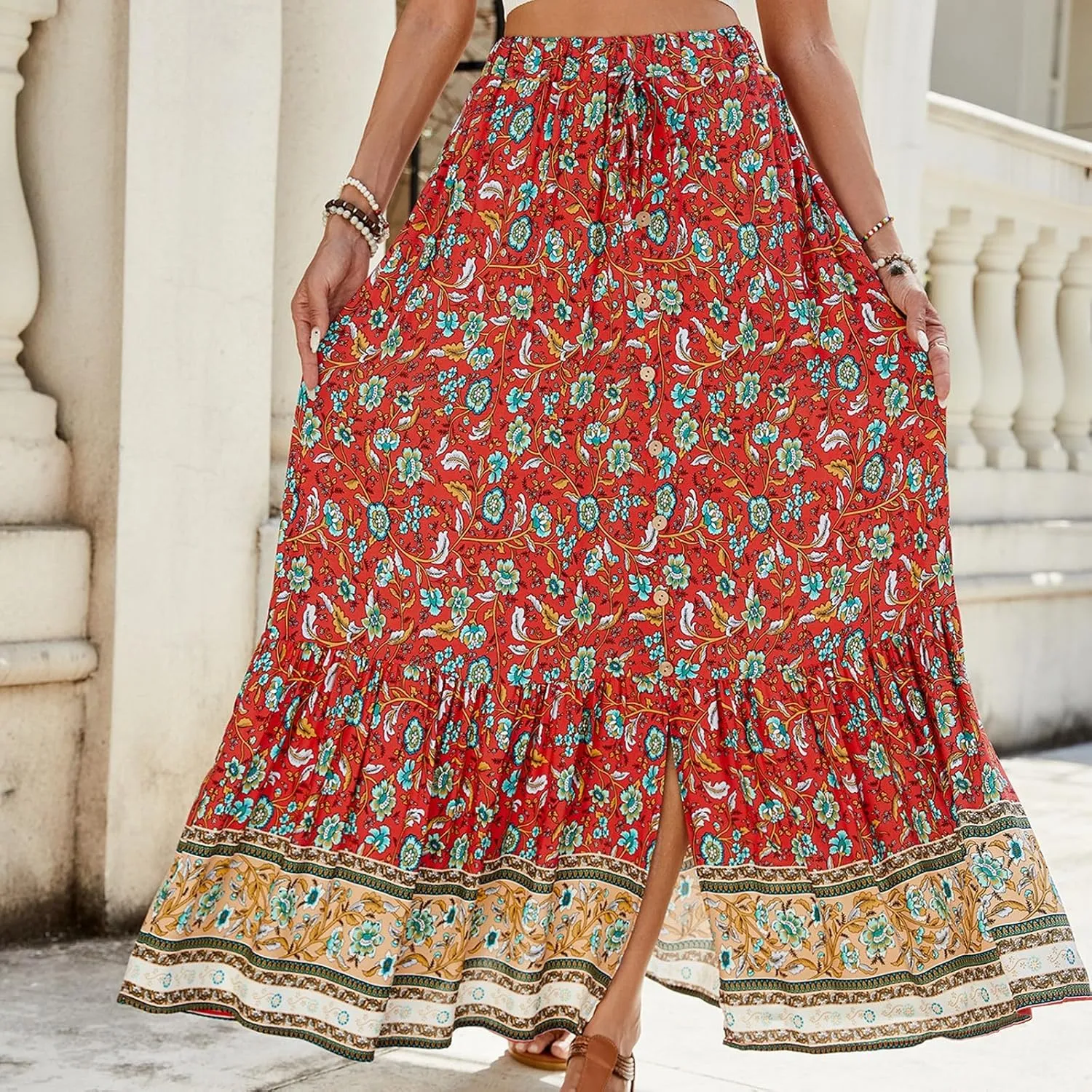 Maxi Skirts for Women,Beach Vacation Hawaiian Long Boho Skirt Spring Summer Elastic Waist Flowy Skirts 2025 Trendy