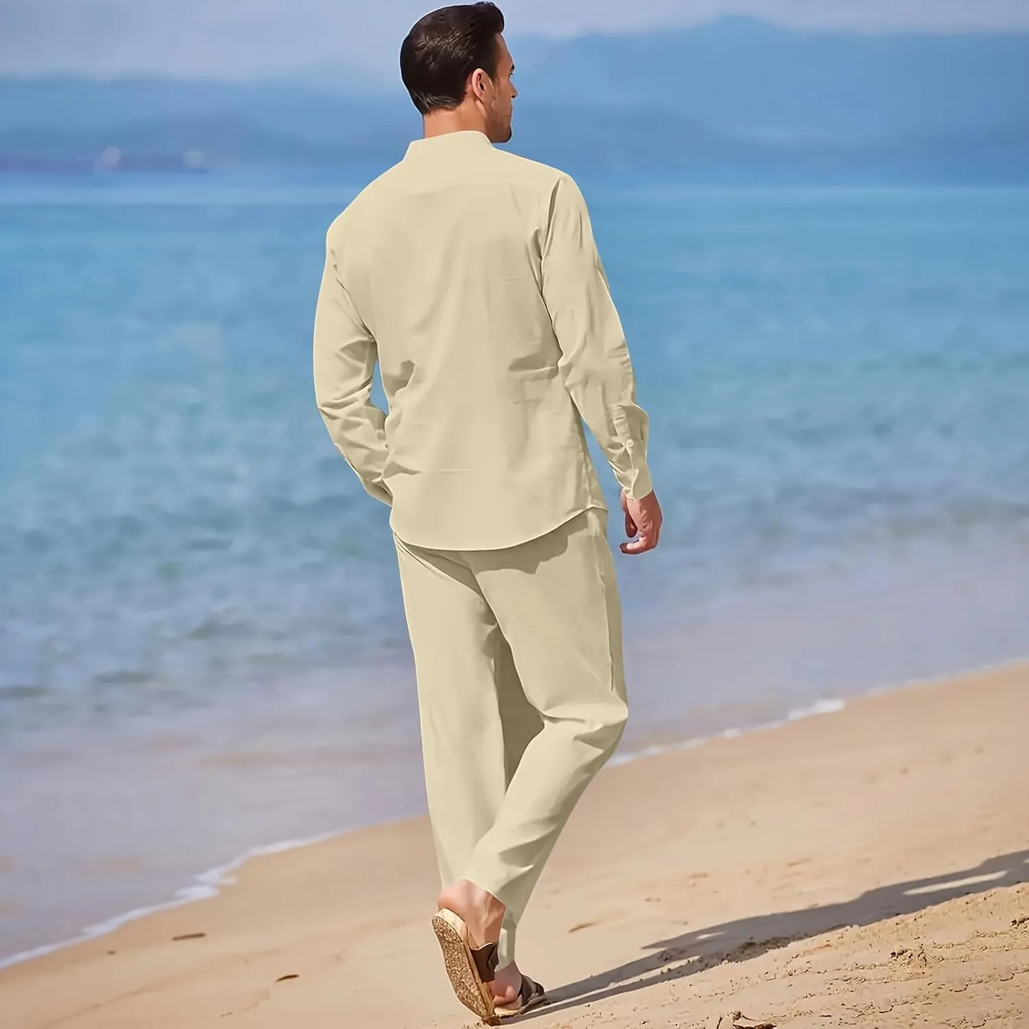 Men Cotton Linen Set Plus Size Long Sleeve Button Shirts Pants 2PC Suit Blouse Top Wide Leg Trouser Summer Outfits