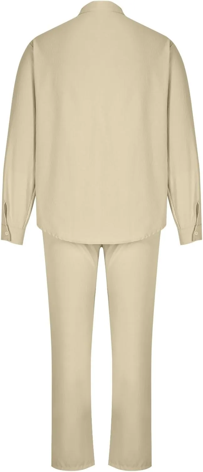 Men Cotton Linen Set Plus Size Long Sleeve Button Shirts Pants 2PC Suit Blouse Top Wide Leg Trouser Summer Outfits