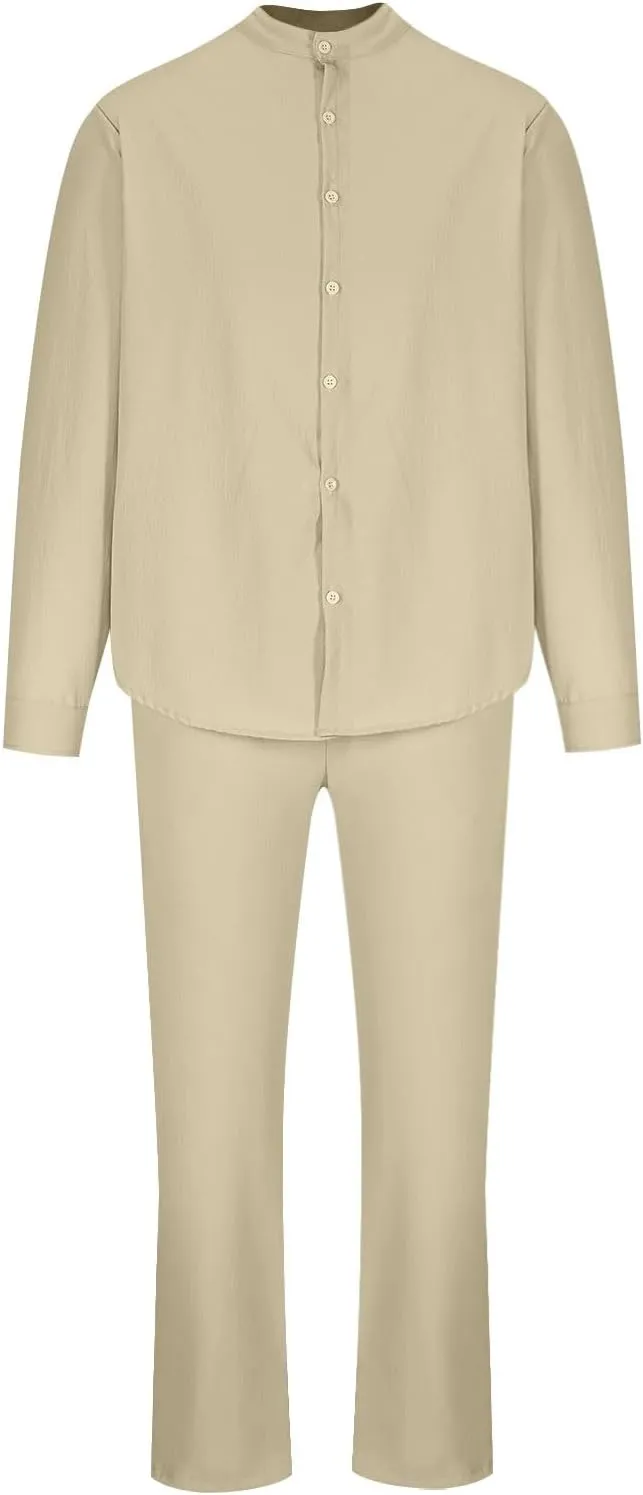 Men Cotton Linen Set Plus Size Long Sleeve Button Shirts Pants 2PC Suit Blouse Top Wide Leg Trouser Summer Outfits
