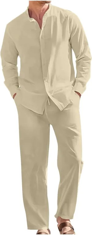 Men Cotton Linen Set Plus Size Long Sleeve Button Shirts Pants 2PC Suit Blouse Top Wide Leg Trouser Summer Outfits