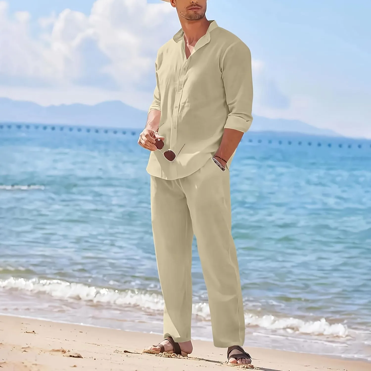 Men Cotton Linen Set Plus Size Long Sleeve Button Shirts Pants 2PC Suit Blouse Top Wide Leg Trouser Summer Outfits