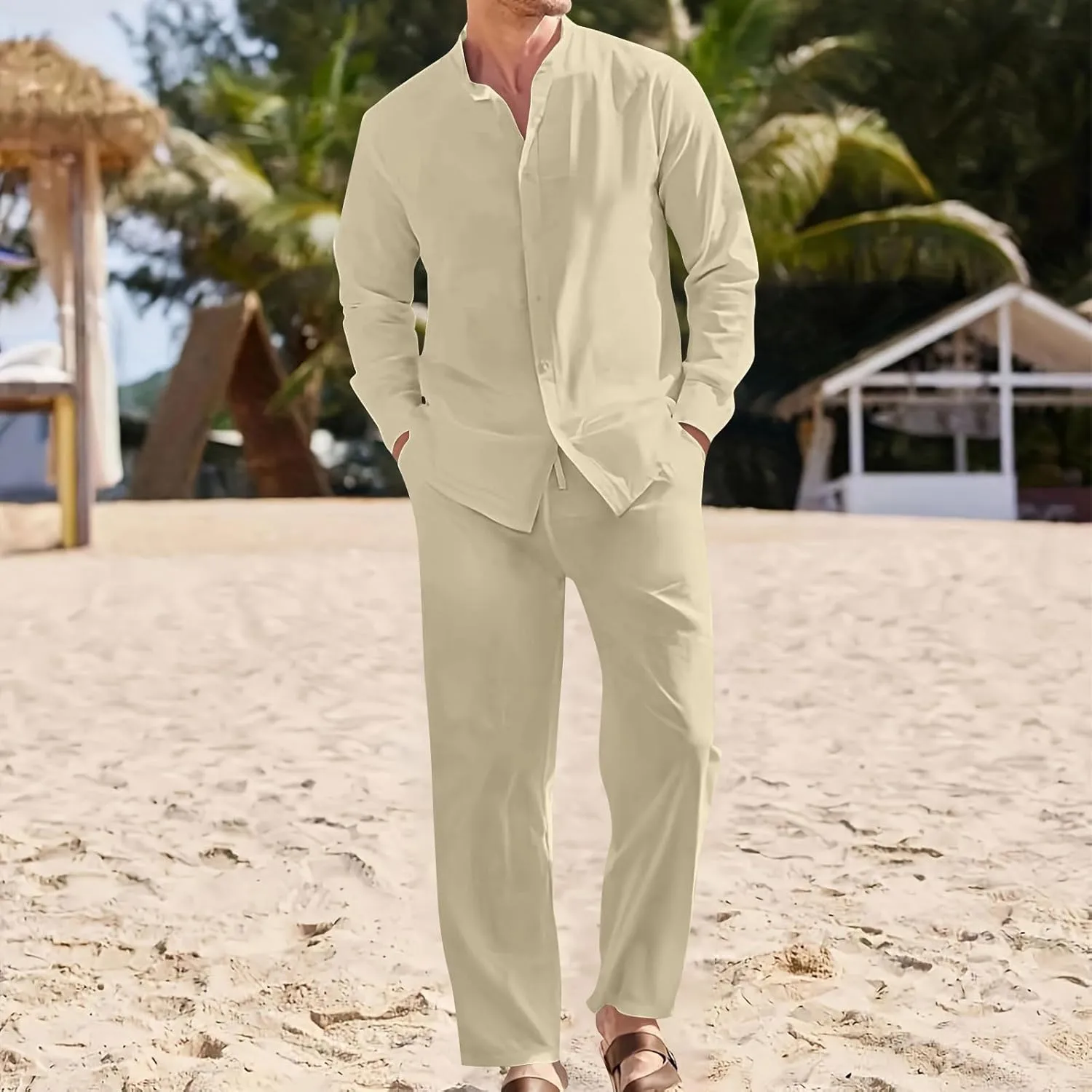 Men Cotton Linen Set Plus Size Long Sleeve Button Shirts Pants 2PC Suit Blouse Top Wide Leg Trouser Summer Outfits