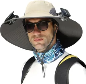 Men Women Wide Brim Sun Hats with 2 Solar Fan Waterproof Breathable Bucket Hat Outdoor Fishing Hat for Hiking Camping