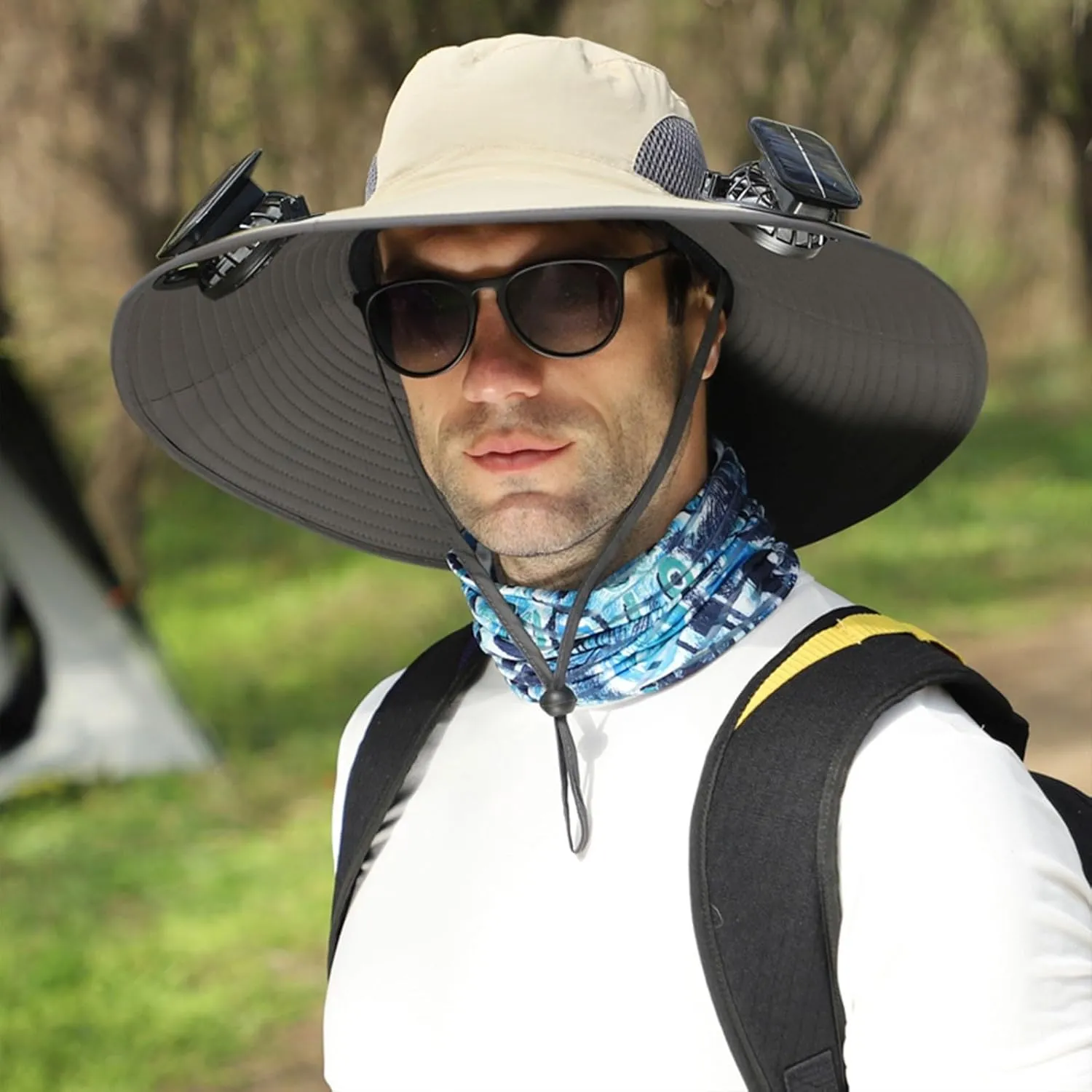 Men Women Wide Brim Sun Hats with 2 Solar Fan Waterproof Breathable Bucket Hat Outdoor Fishing Hat for Hiking Camping