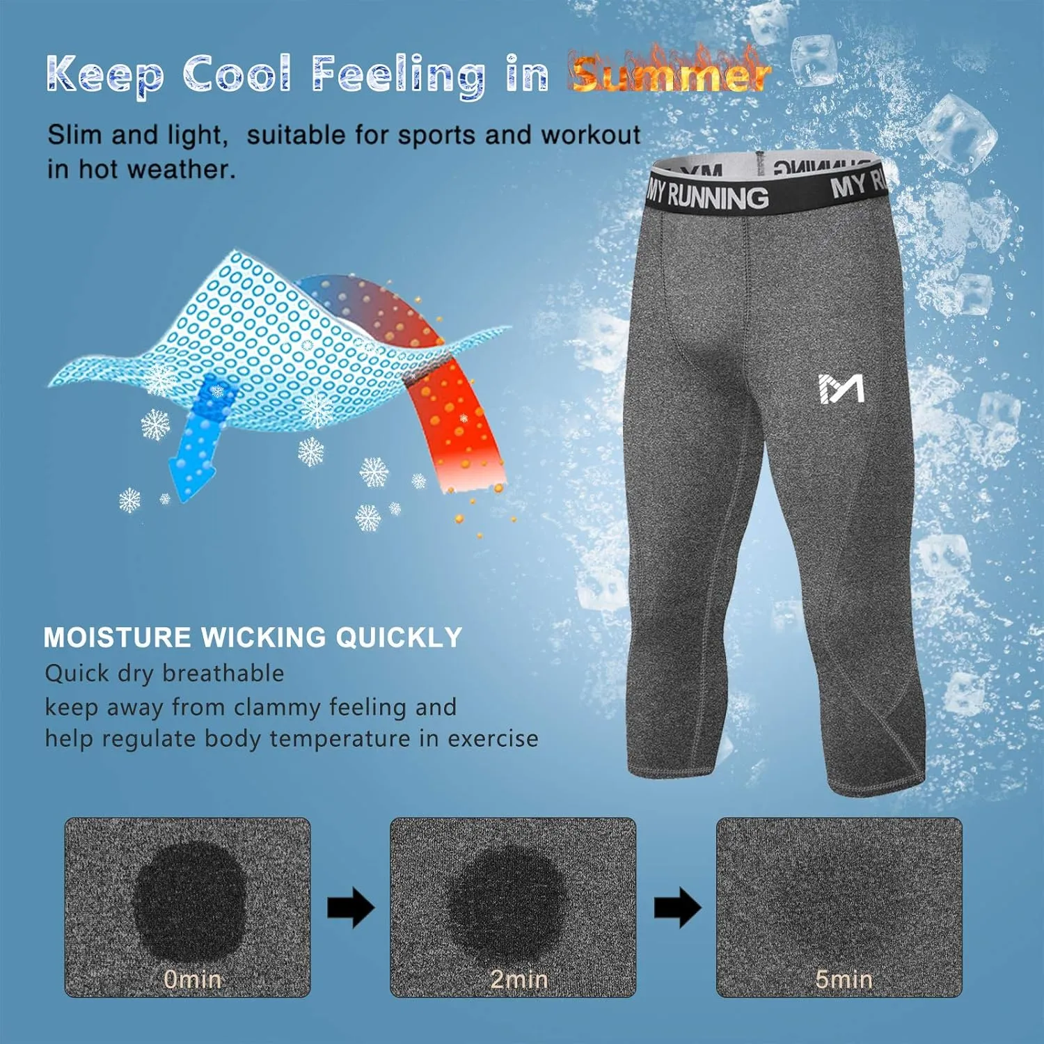 Men's 3/4 Compression Pants Leggings Tights, Cool Dry Sport Workout HeatGear Capri Base Layer