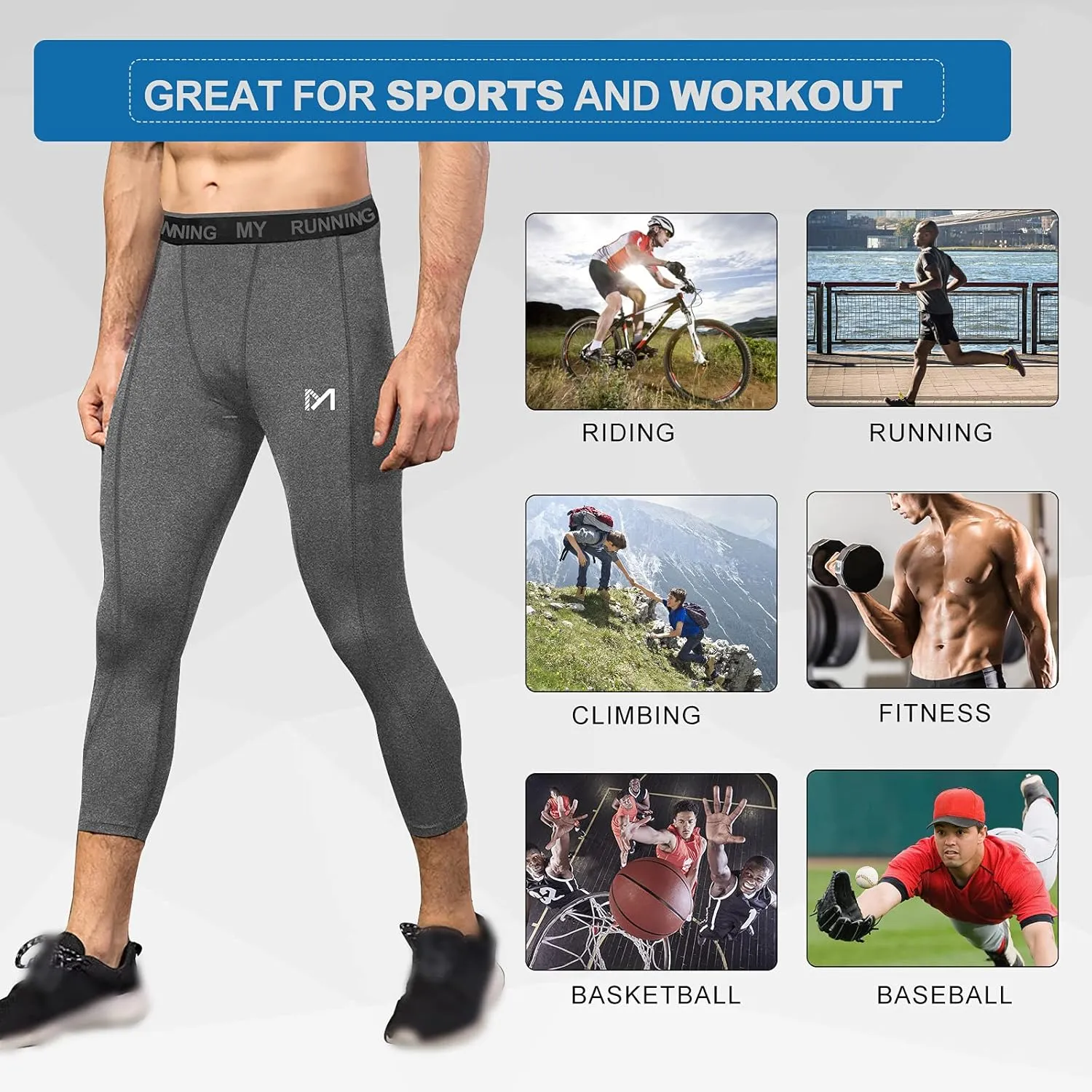 Men's 3/4 Compression Pants Leggings Tights, Cool Dry Sport Workout HeatGear Capri Base Layer