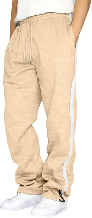 Men's Baggy Sweatpants Open Bottom Striped Athletic Pants Loose Fit Straight Leg Lightweight Trousers with Pockets