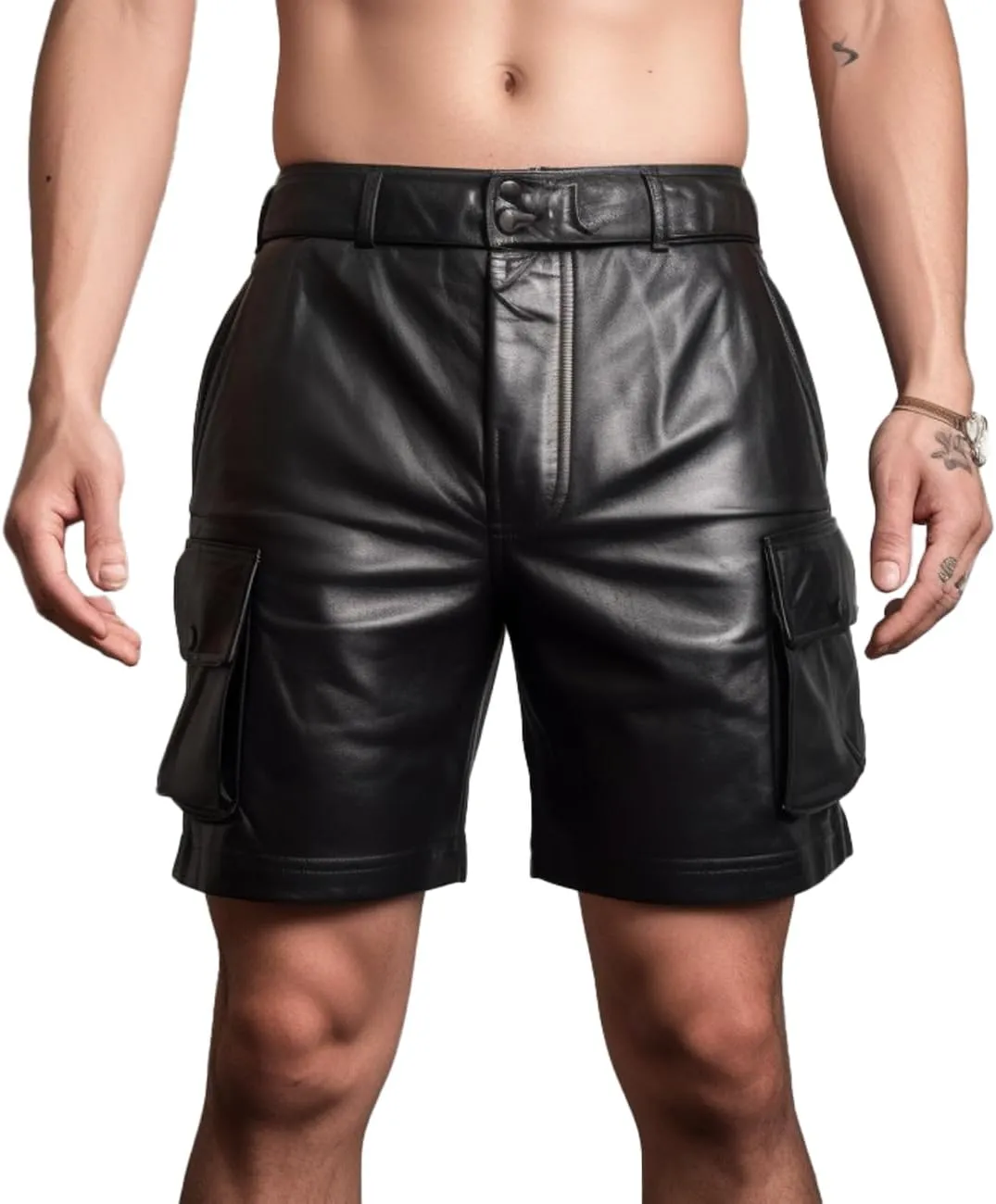 Men's Black Leather Cargo Shorts - Genuine Lambskin, High Rise, 4 Pockets, Hand Wash Only