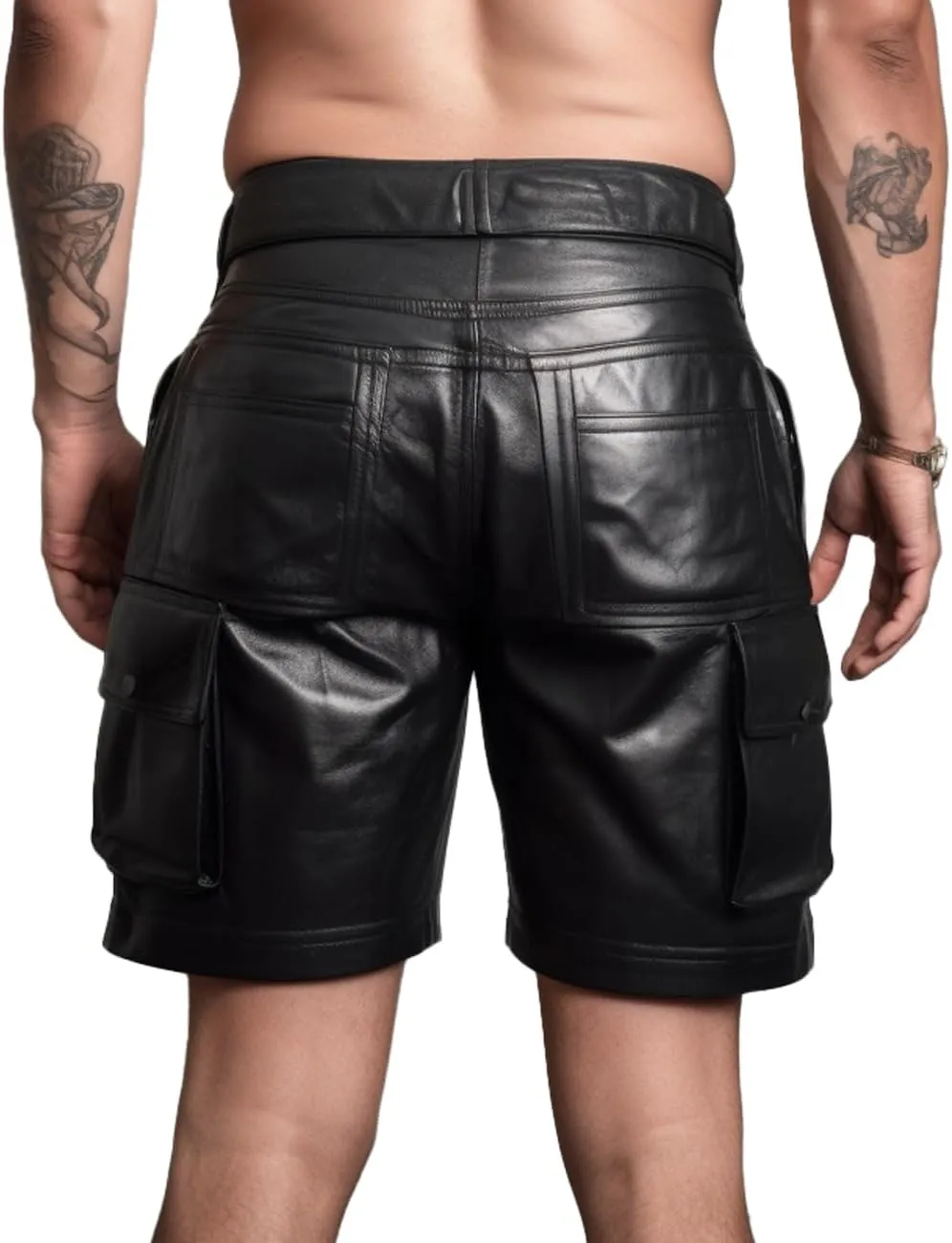 Men's Black Leather Cargo Shorts - Genuine Lambskin, High Rise, 4 Pockets, Hand Wash Only