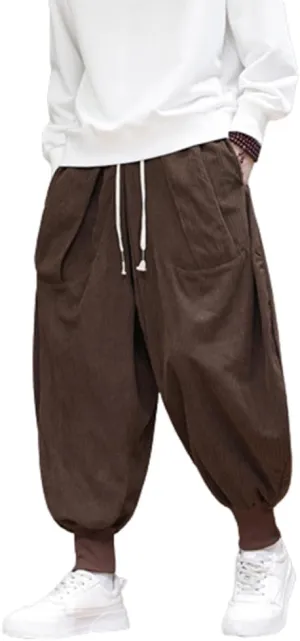 Mens Casual Corduroy Harem Pants Loose Elastic Waist Hippie Boho Aladdin Drop Crotch Pant Joggers Vintage Sweatpants