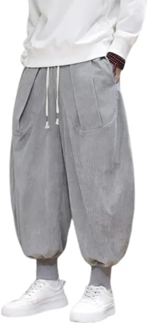 Mens Casual Corduroy Harem Pants Loose Elastic Waist Hippie Boho Aladdin Drop Crotch Pant Joggers Vintage Sweatpants