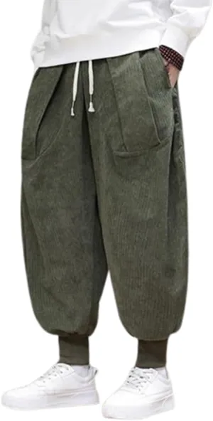Mens Casual Corduroy Harem Pants Loose Elastic Waist Hippie Boho Aladdin Drop Crotch Pant Joggers Vintage Sweatpants