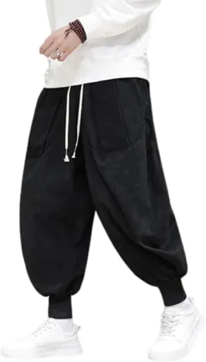 Mens Casual Corduroy Harem Pants Loose Elastic Waist Hippie Boho Aladdin Drop Crotch Pant Joggers Vintage Sweatpants