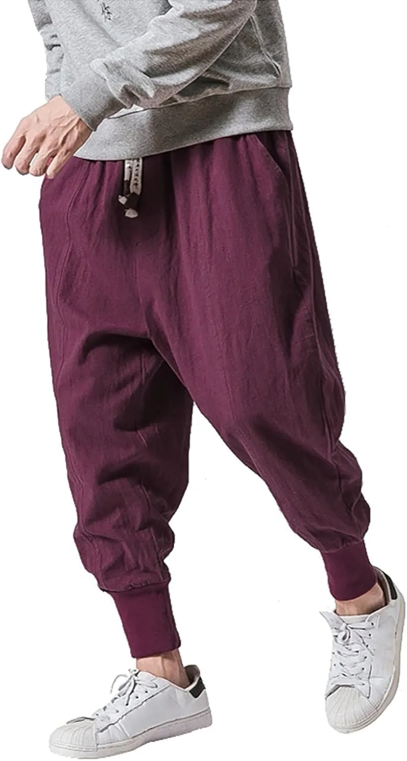 Mens Casual Pants Elastic Waist Drawstring Lightweight Loose Fit Summer Beach Trousers, Drop-Crotch Sweatpants for Men
