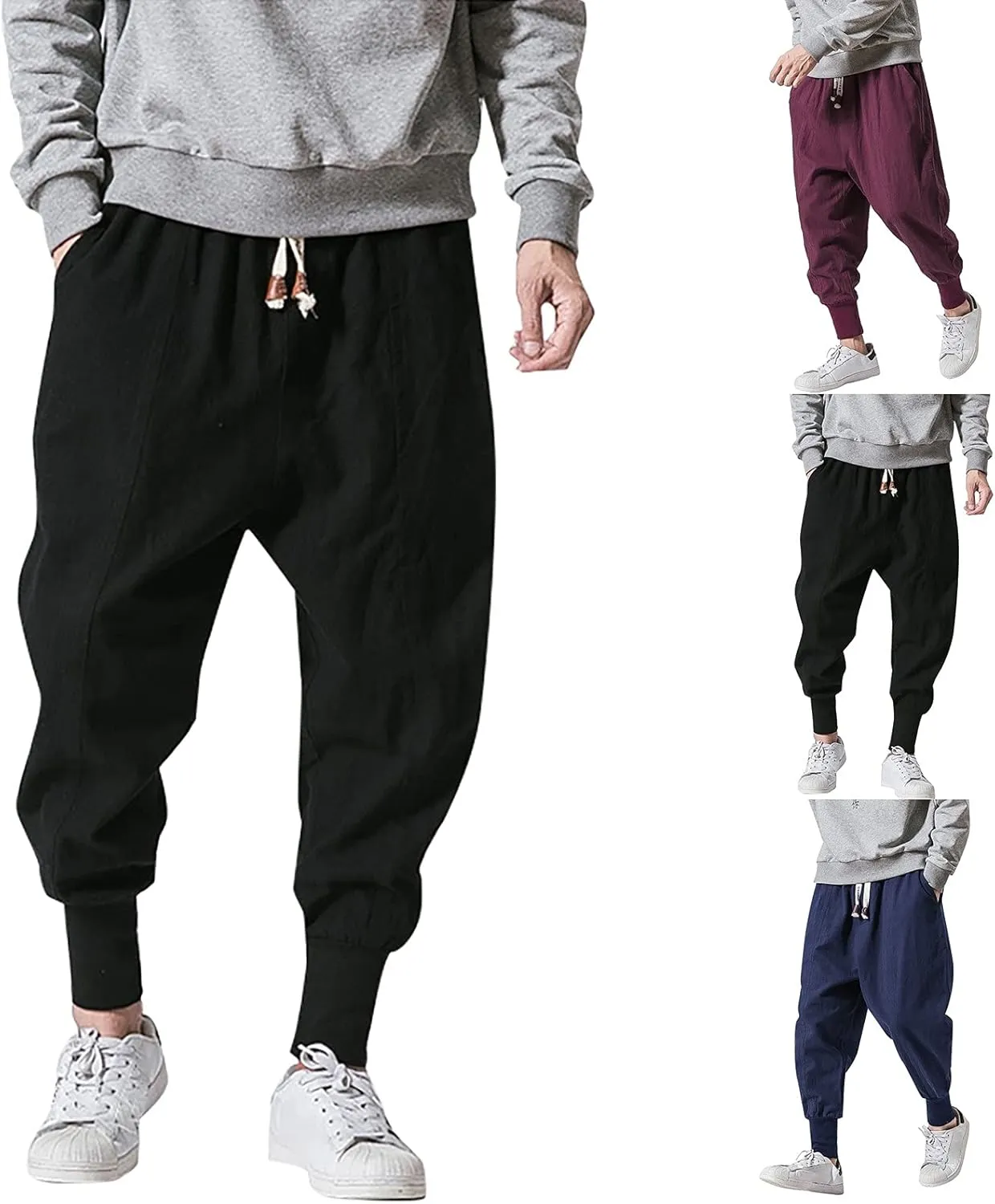 Mens Casual Pants Elastic Waist Drawstring Lightweight Loose Fit Summer Beach Trousers, Drop-Crotch Sweatpants for Men