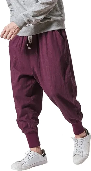 Mens Casual Pants Elastic Waist Drawstring Lightweight Loose Fit Summer Beach Trousers, Drop-Crotch Sweatpants for Men