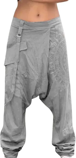 Mens Cotton Baggy Hippie Boho Gypsy Aladdin Yoga Harem Pants Casual Drop Crotch Trouser Elastic Waisted Yoga