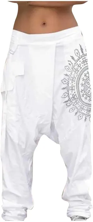Mens Cotton Baggy Hippie Boho Gypsy Aladdin Yoga Harem Pants Casual Drop Crotch Trouser Elastic Waisted Yoga