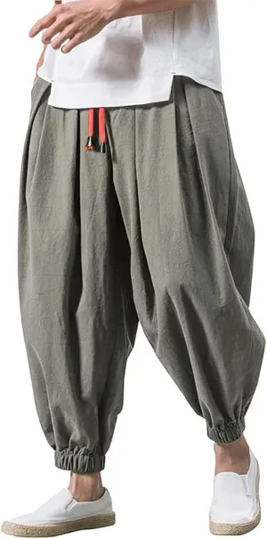 Mens Drop Crotch Harem Pants, Baggy Hippie Pants Boho Pant Wide Leg Drawstring Elastic Waist Trousers Casual Yoga Pants