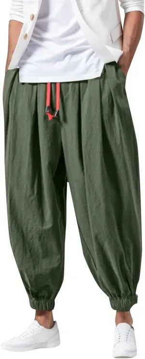 Mens Drop Crotch Harem Pants, Baggy Hippie Pants Boho Pant Wide Leg Drawstring Elastic Waist Trousers Casual Yoga Pants