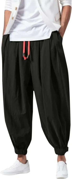 Mens Drop Crotch Harem Pants, Baggy Hippie Pants Boho Pant Wide Leg Drawstring Elastic Waist Trousers Casual Yoga Pants