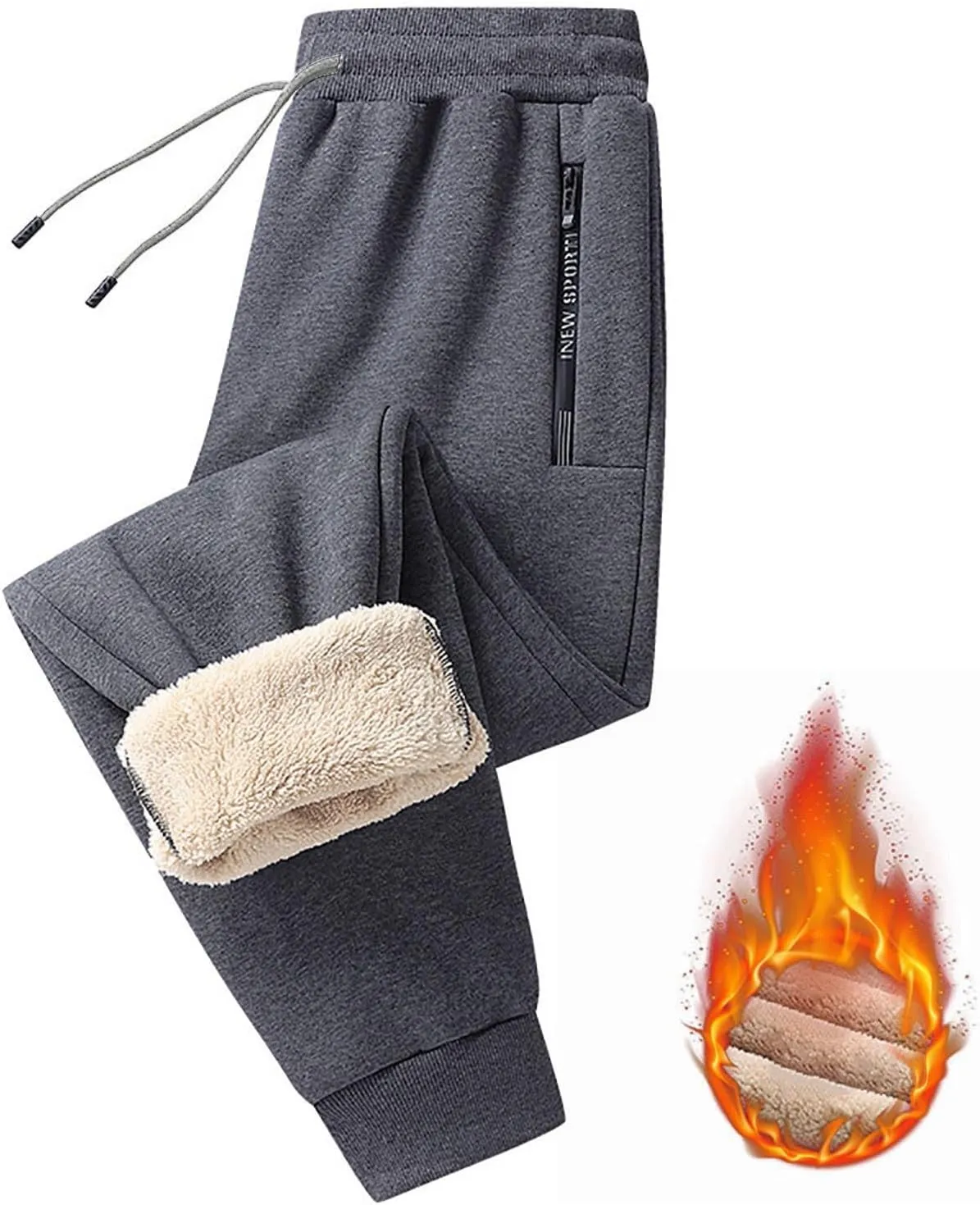 Mens Fleece Lined Pants, Mens Sherpa Lined Sweatpants Winter Warm Fleece Pants Straight Leg Drawstring Jogging Pants