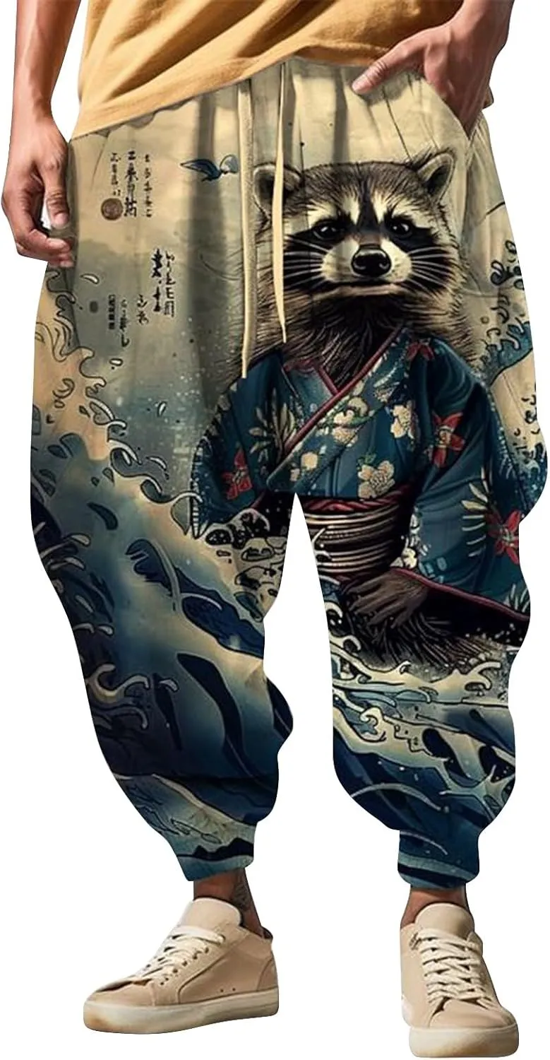 Mens Funky Print Hip Hop Harem Yoga Pants Big and Tall Casual Lounge Pants Elastic Waist Drop Crotch Hippie Trousers