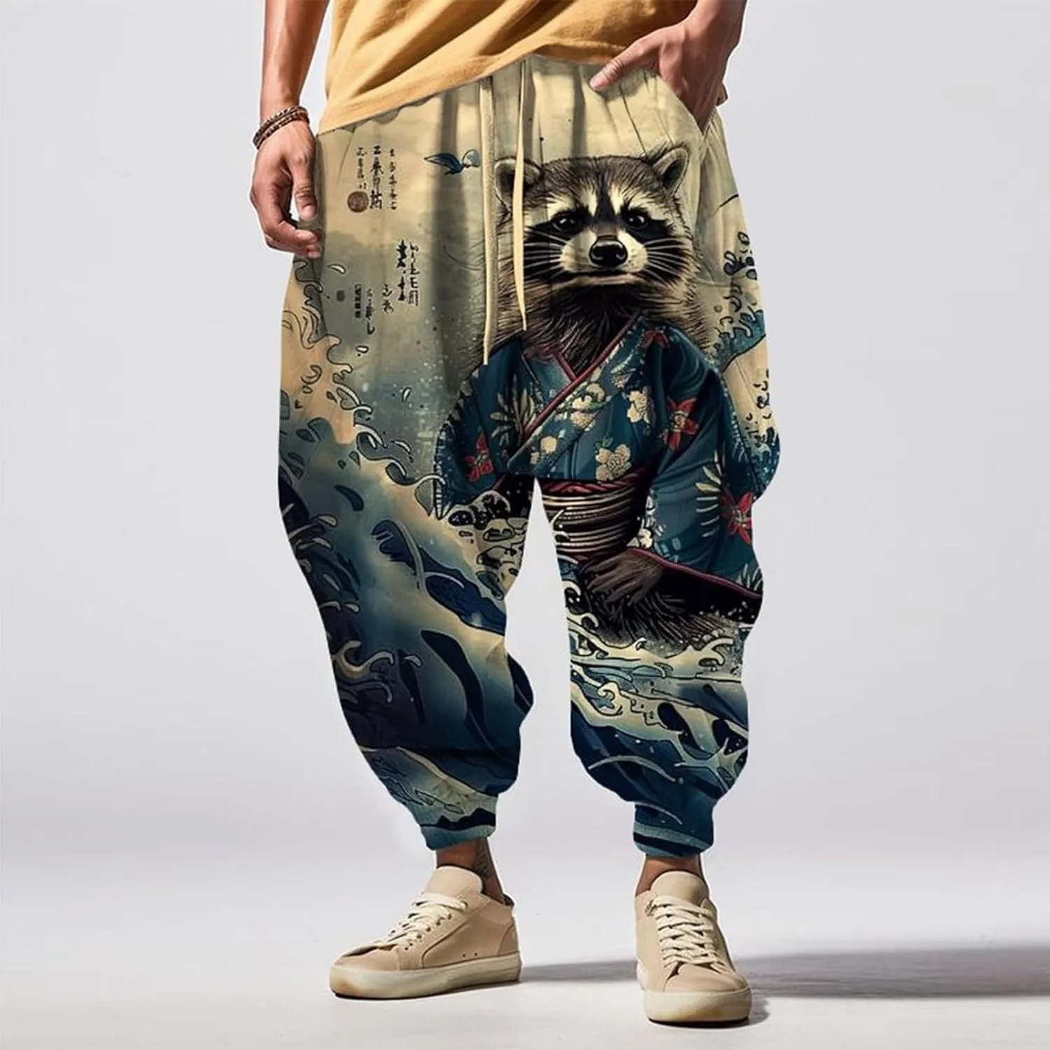 Mens Funky Print Hip Hop Harem Yoga Pants Big and Tall Casual Lounge Pants Elastic Waist Drop Crotch Hippie Trousers