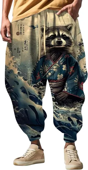 Mens Funky Print Hip Hop Harem Yoga Pants Big and Tall Casual Lounge Pants Elastic Waist Drop Crotch Hippie Trousers