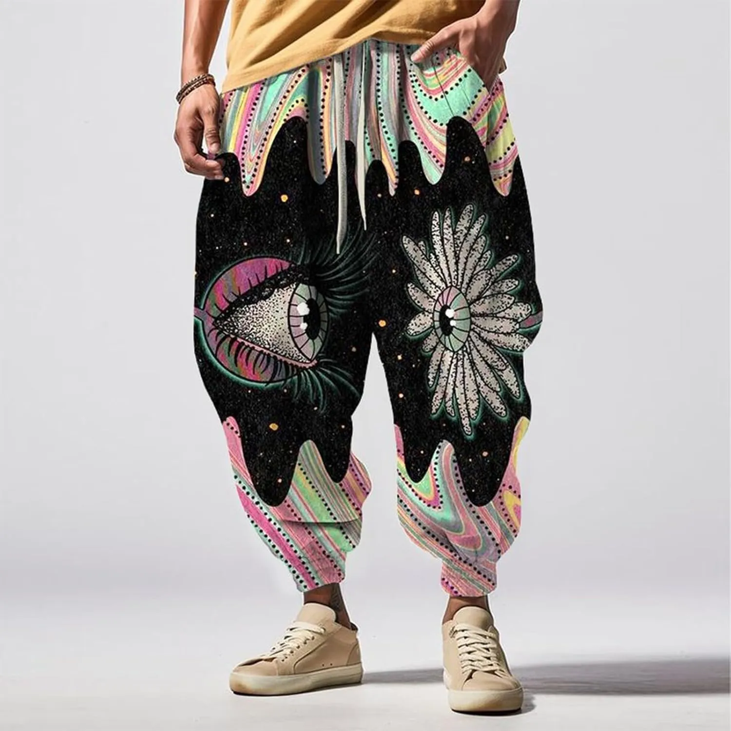 Men's Harem Drawstring Pants Men's Autumn Fun Print Fashion Street Feel Casual Sweatpants Loose Drop Crotch Trousers