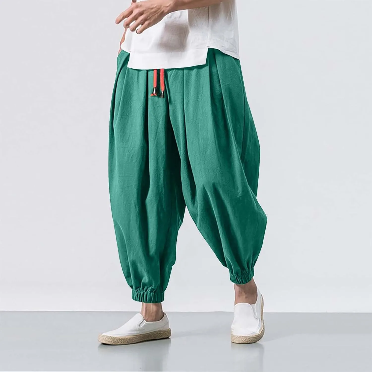 Mens Harem Pants Casual Linen Boho Yoga Beach Pants Drawstring Baggy Joggers Hippie Drop Crotch Trousers with Pockets